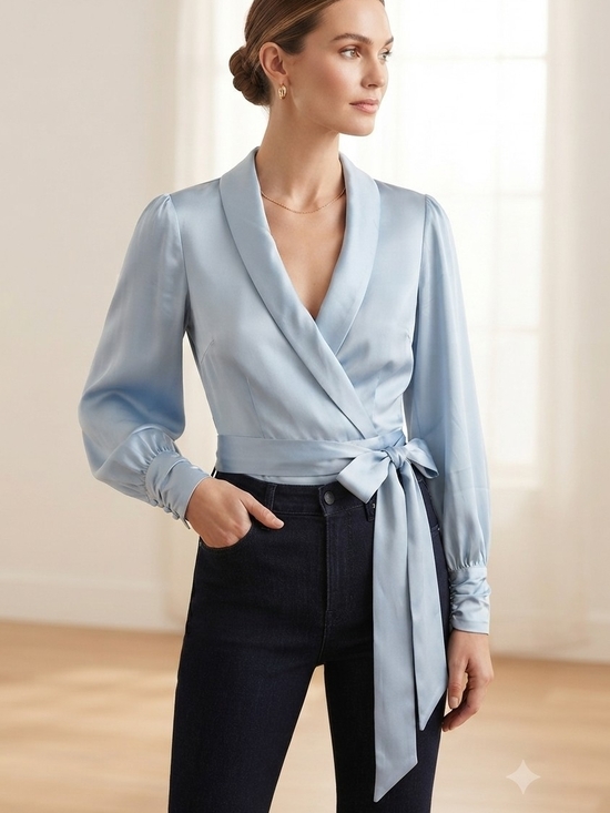 White House Black Market Tops - White House Black Market Light Blue Satin Wrap Blouse with Tie
